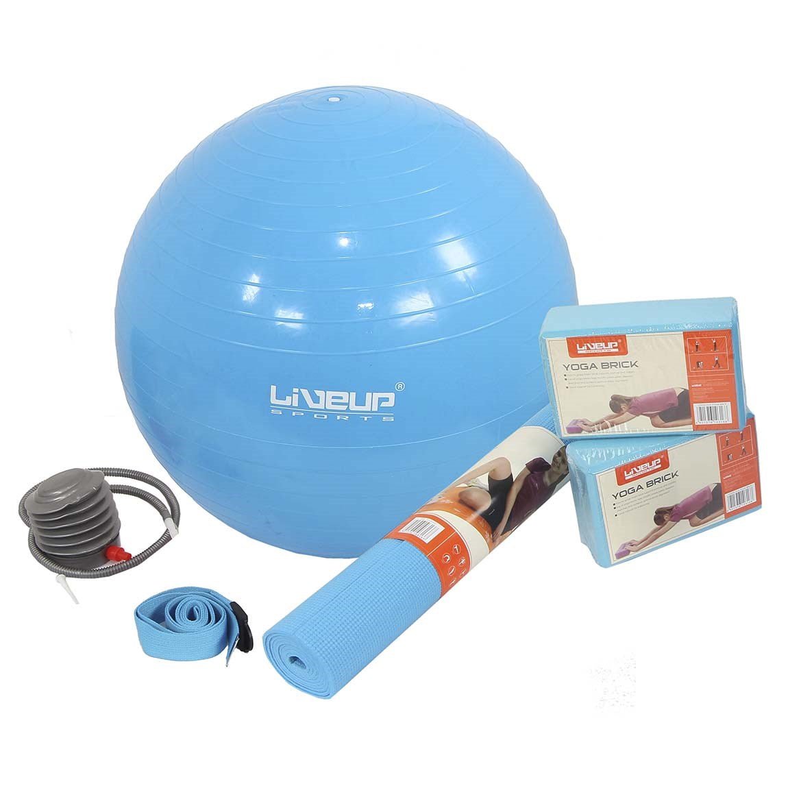 YOGA  EXERCISE SET WITH BALL, BRICKS AND STRAP - BLUE